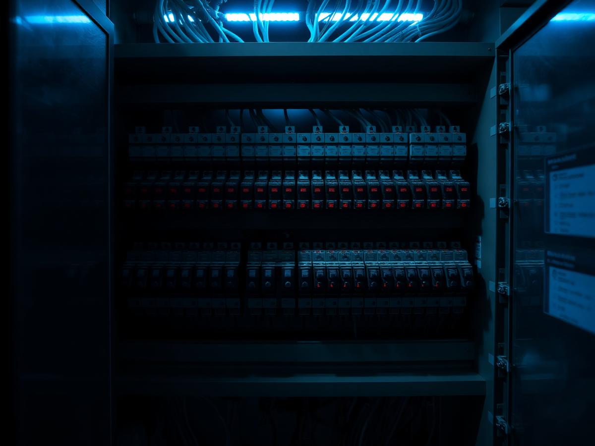 Interior of an electrical control panel with organised breakers and wiring