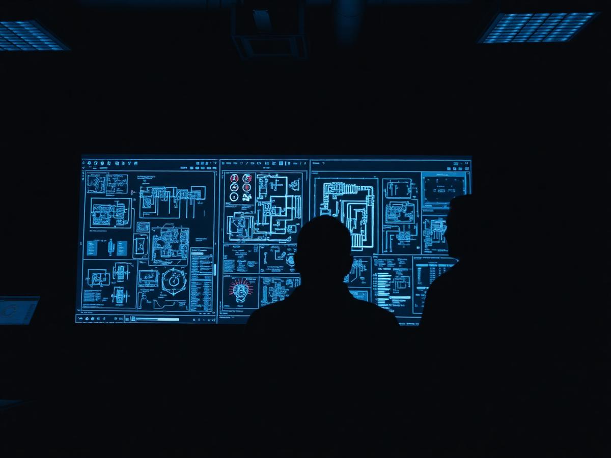 Engineers reviewing electrical schematics on large screens in a dark studio
