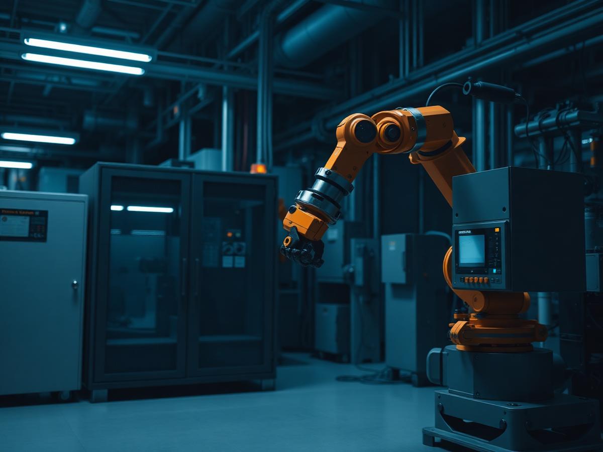 Robotic arm and control cabinets inside a modern automated production facility
