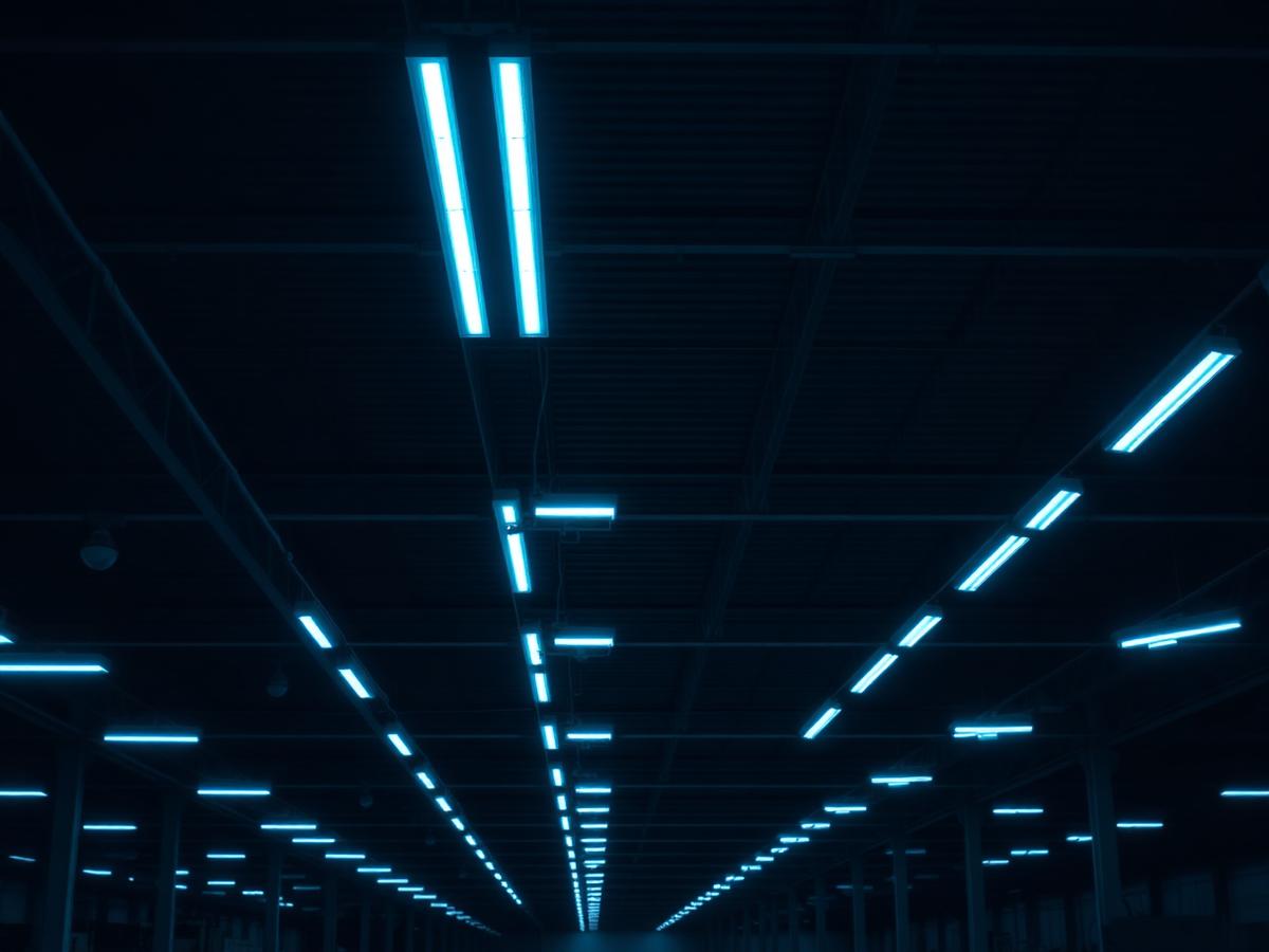 Rows of linear LED luminaires illuminating a dark industrial facility